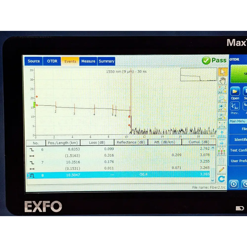 EXFO MAX-715B-M1 MaxTester display showing pass fail fibre certification result