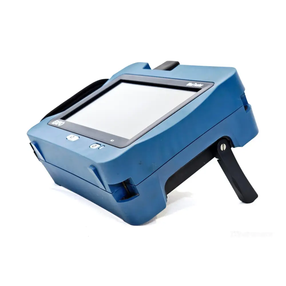 EXFO MAX-720C-Q1 Quad OTDR angled right-side view showing rugged blue housing and stand deployed