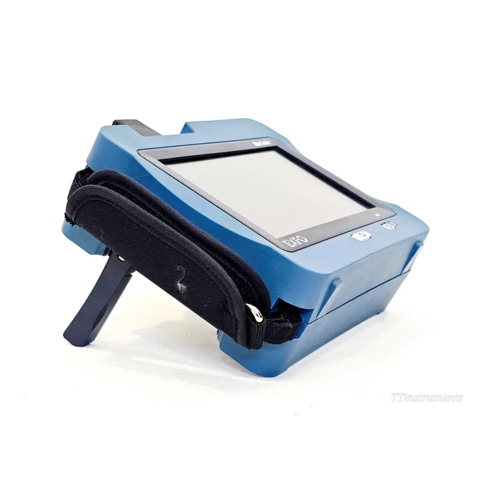 EXFO MAX-720C-Q1 MaxTester OTDR rear-angle view with hand strap and stand visible