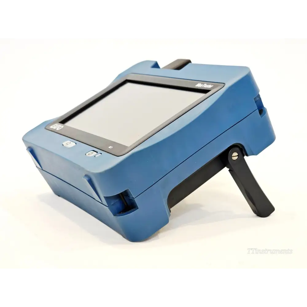 EXFO MAX-720C-Q1 MaxTester OTDR angled left side view showing rugged blue housing and integrated kickstand