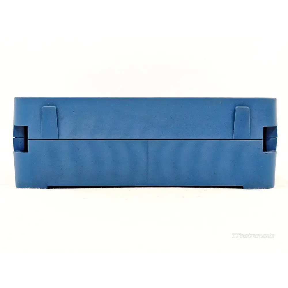 EXFO MAX-720C-Q1 MaxTester OTDR bottom edge view showing blue rubber bumper and battery compartment seam