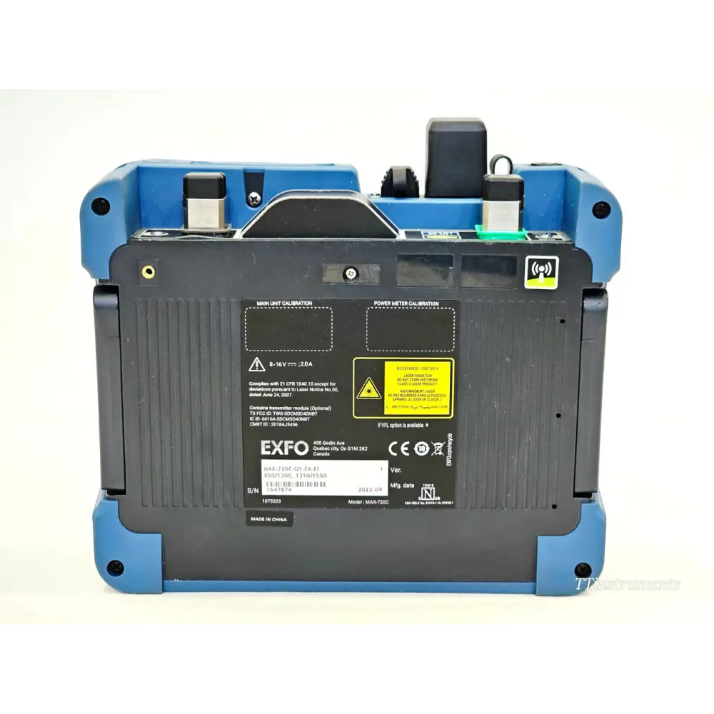 EXFO MAX-720C-Q1 rear panel showing calibration labels, serial number 1647874, laser warning and port connectors