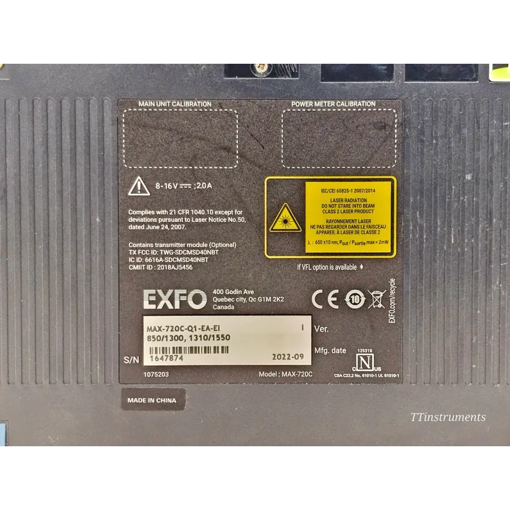 EXFO MAX-720C-Q1 rear label close-up showing part number MAX-720C-Q1-EA-EI, wavelengths 850/1300 1310/1550 nm, S/N 1647874, Mfg 2022-09