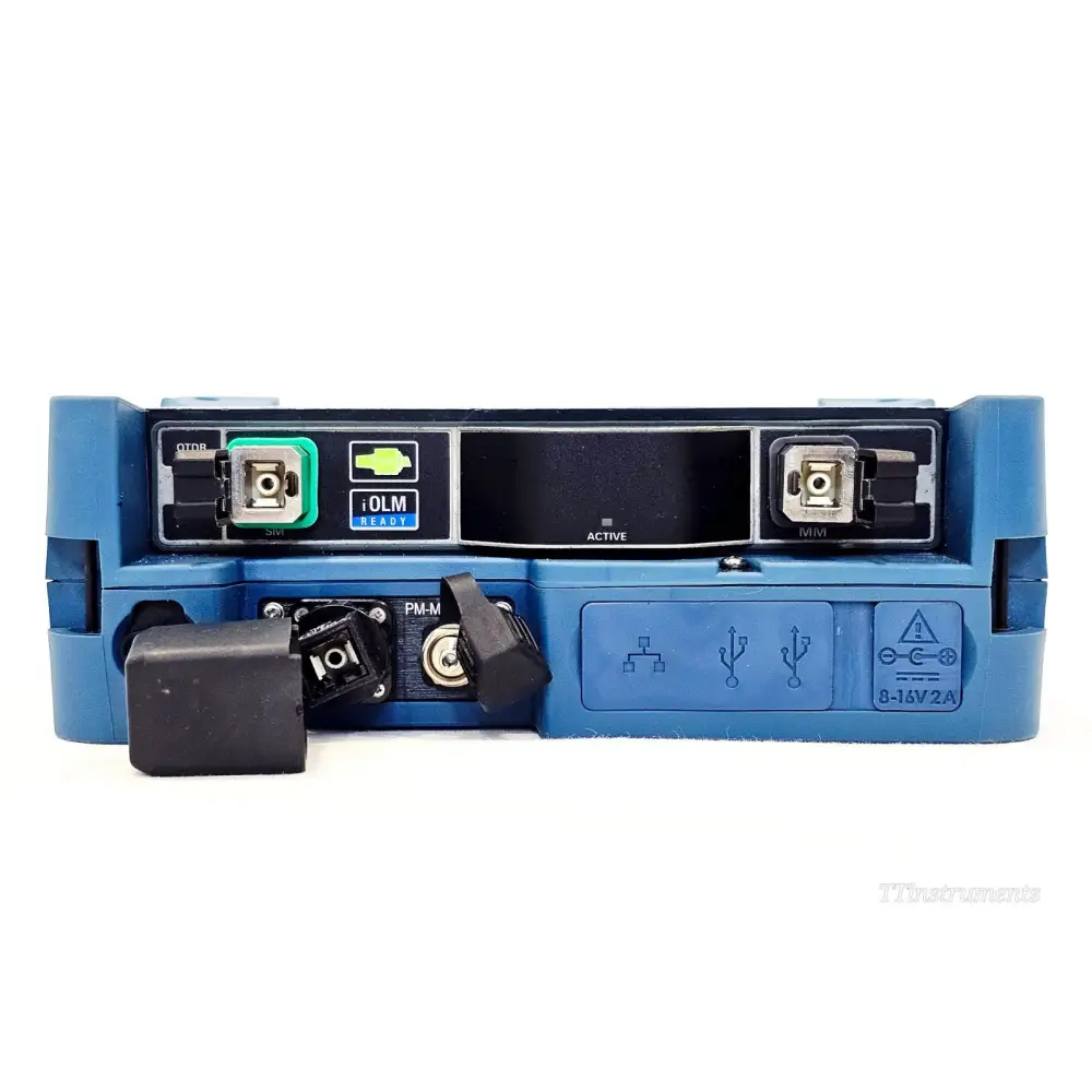EXFO MAX-720C-Q1 top panel showing SM OTDR SC-APC port, MM SC-PC port, iOLM Ready badge and PM-M power meter port