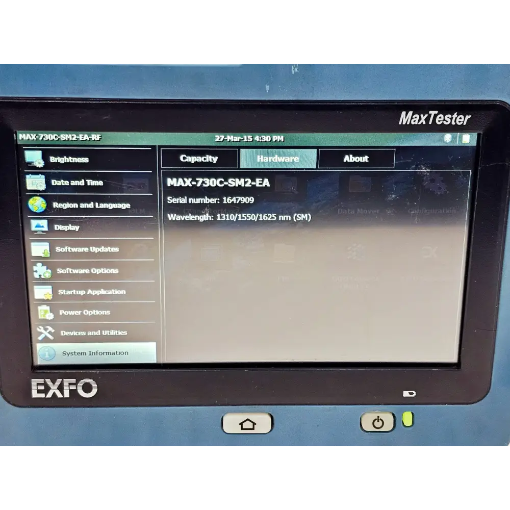 EXFO MAX-730C-SM2 OTDR module showing 1310 nm and 1550 nm wavelength capability