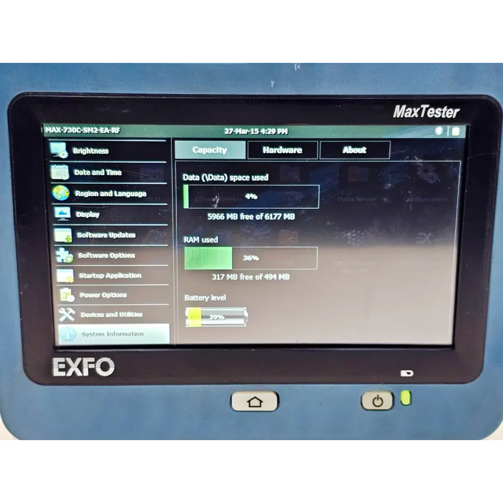 EXFO MAX-730C-SM2 MaxTester angled front view showing full instrument body