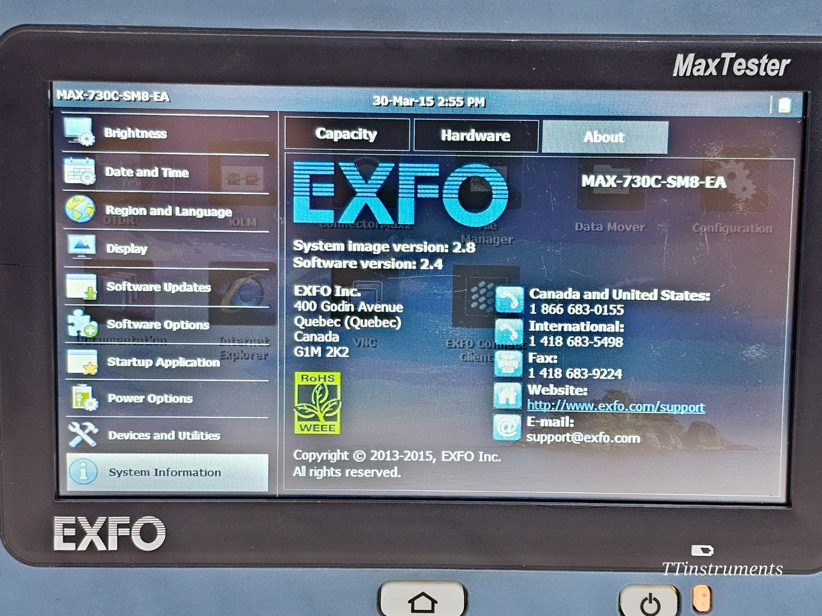EXFO MAX-730C-SM8 MaxTester single-mode OTDR module showing SM8 port and casing