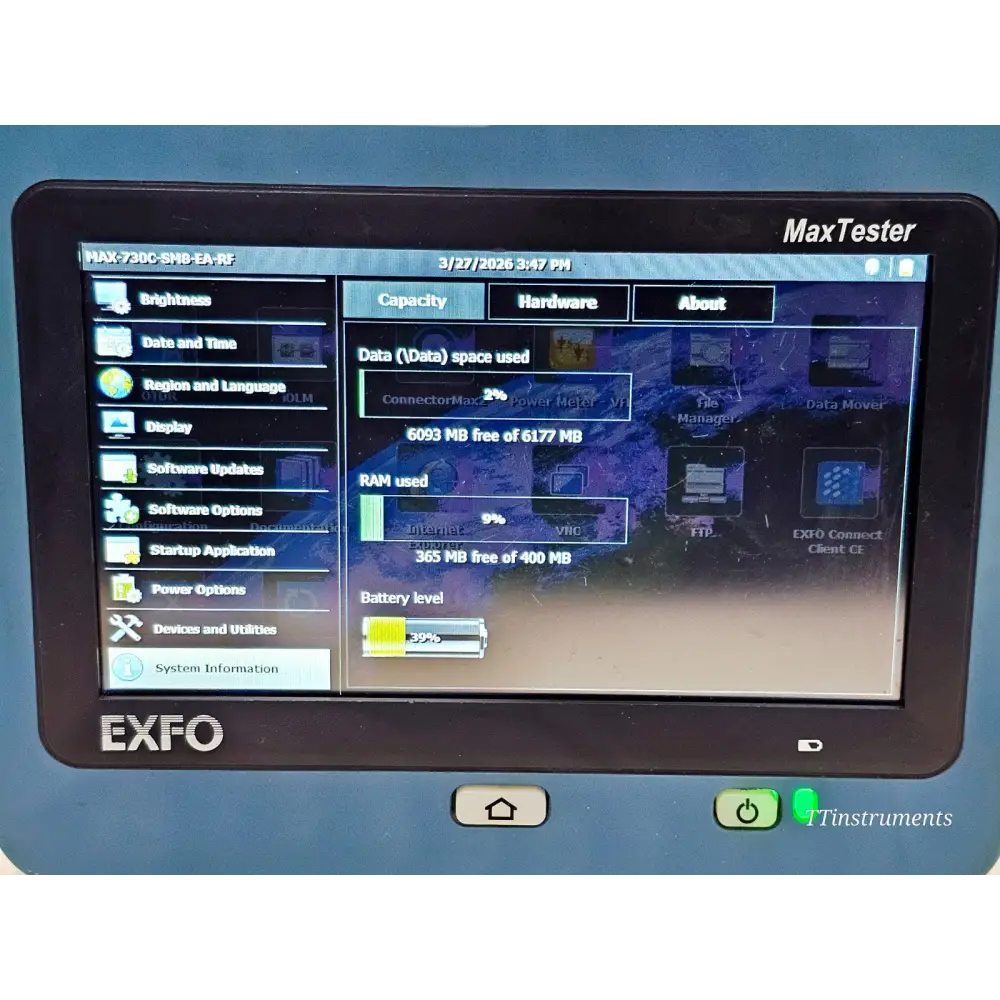 EXFO MAX-730C-SM8 screen showing system info: model MAX-730C-SM8-EA-RF, 6GB storage, 400MB RAM, 39% battery