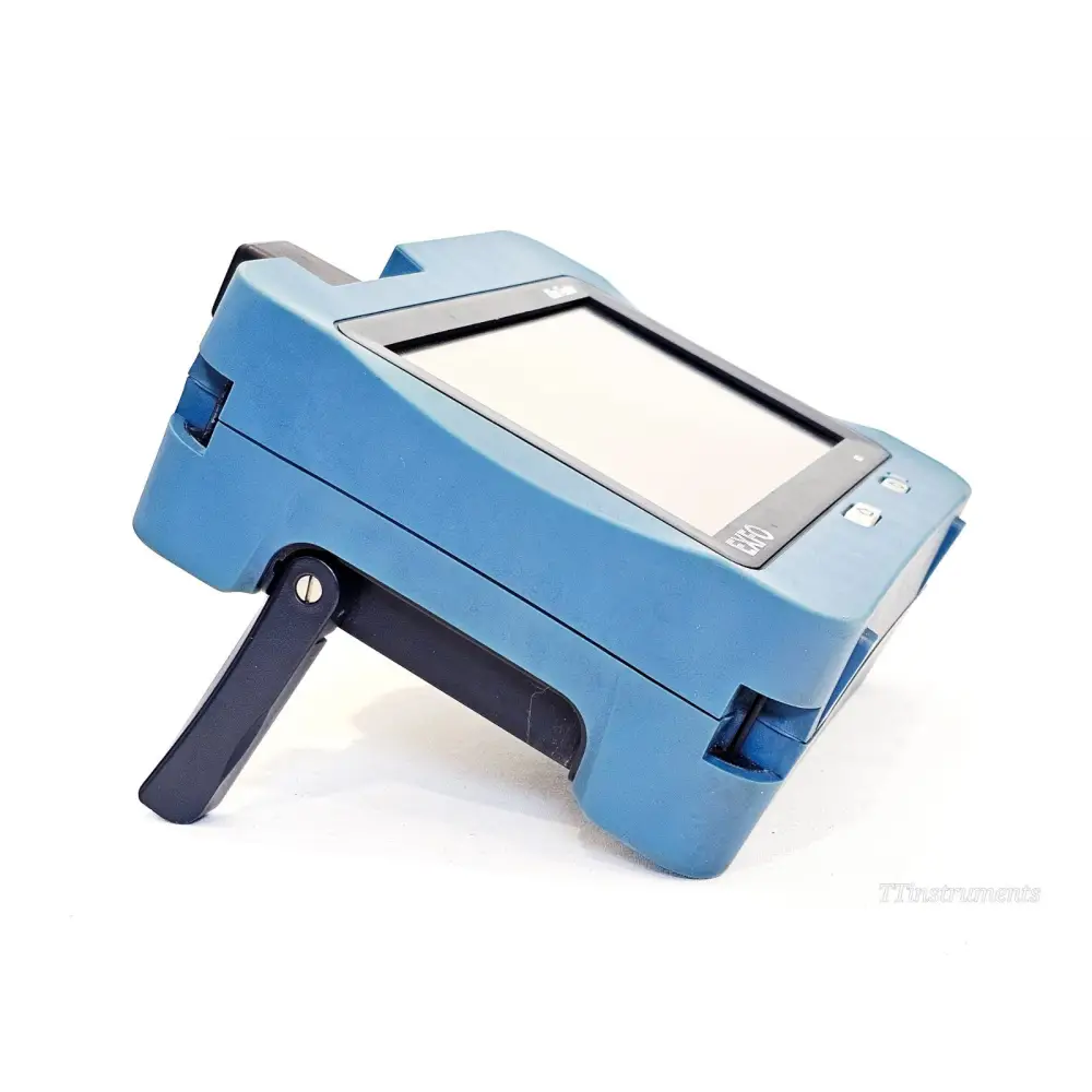 EXFO MAX-730C-SM8 MaxTester OTDR right-side angle view with kickstand deployed showing rubber bumper corners
