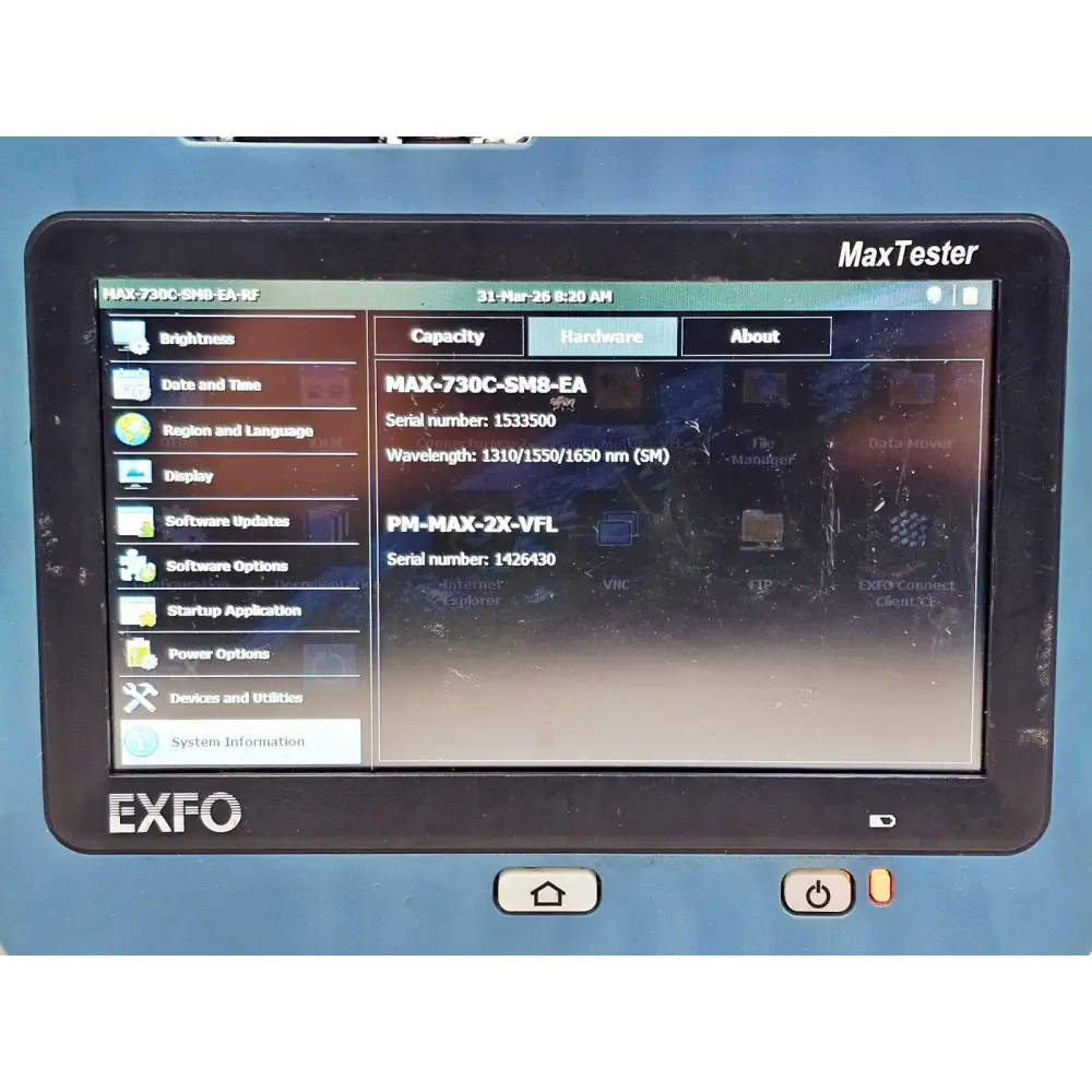 EXFO MAX-730C-SM8 OTDR built-in power meter function screen and SC adapter port