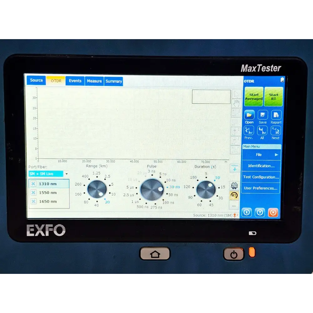 EXFO MAX-730C-SM8 iOLM OTDR left-side panel showing battery compartment and ports