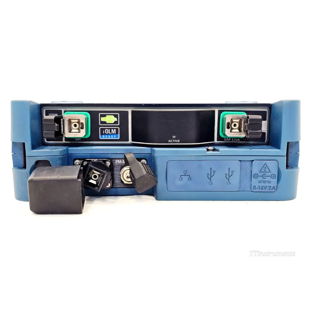 EXFO MAX-730C-SM8 MaxTester top panel showing SM OTDR SC-APC port, SM Live port, iOLM Ready logo, and PM-M port