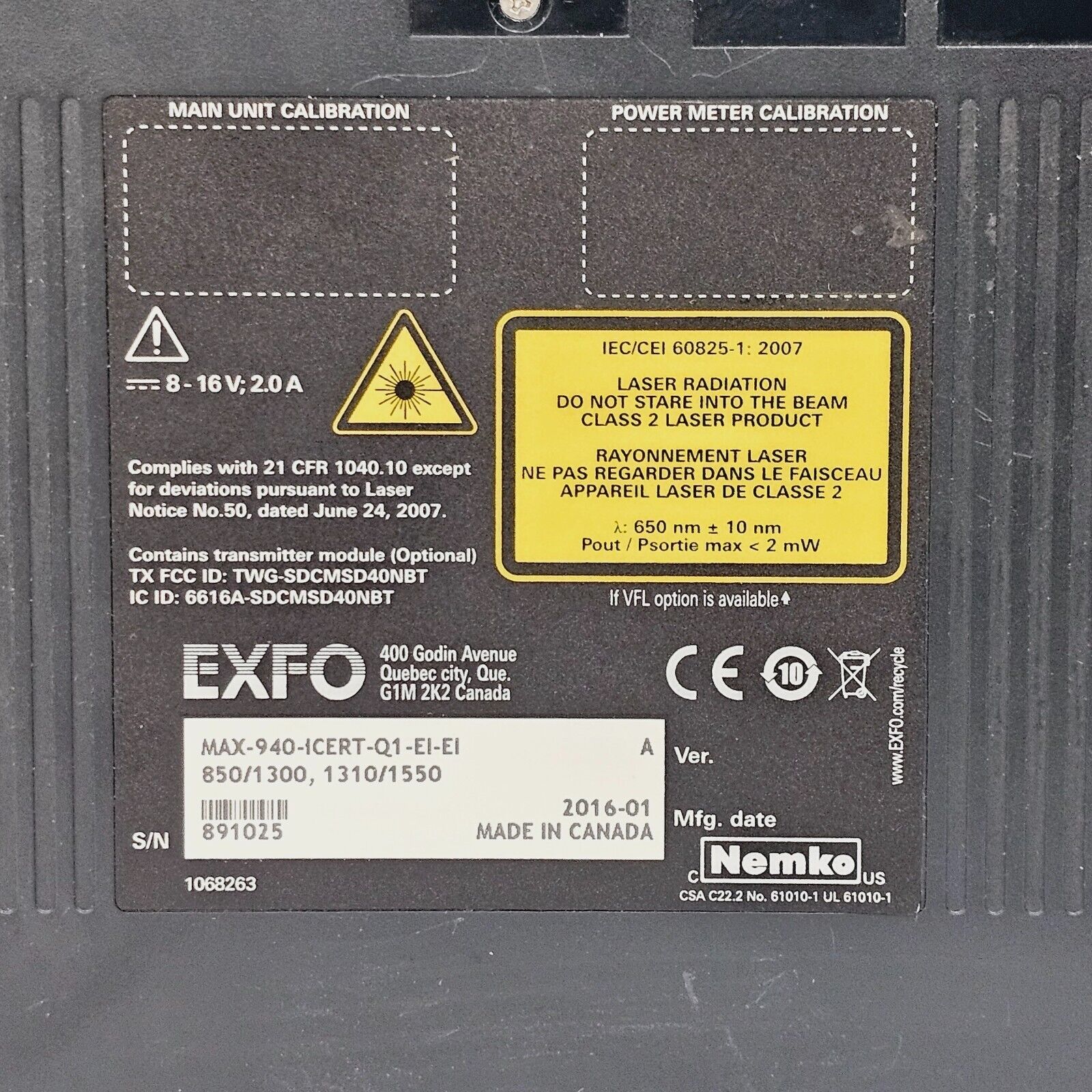 EXFO OLTS 940 ICERT QUAD 850/1300/1310/1550 nm SM MM Optical Loss Tester MAX-940
