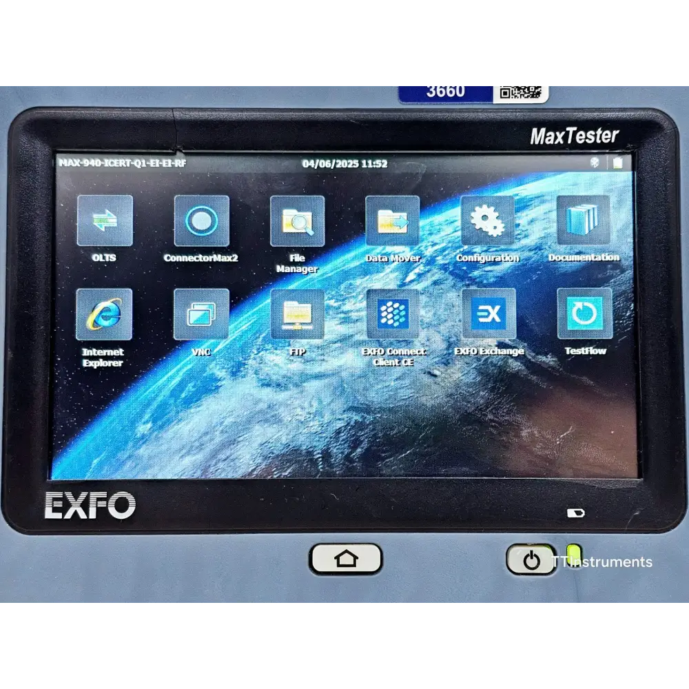 EXFO MaxTester 940 carry bag and supplied accessories laid out including power adapter
