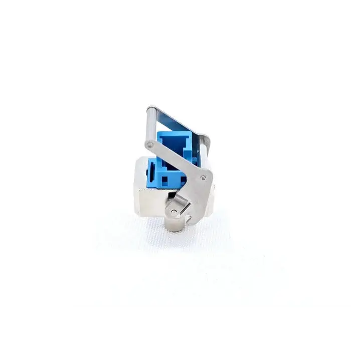 LC PC OTDR adapter connector for Anritsu Viavi JDSU — side view showing stainless steel locking clip mechanism at angle