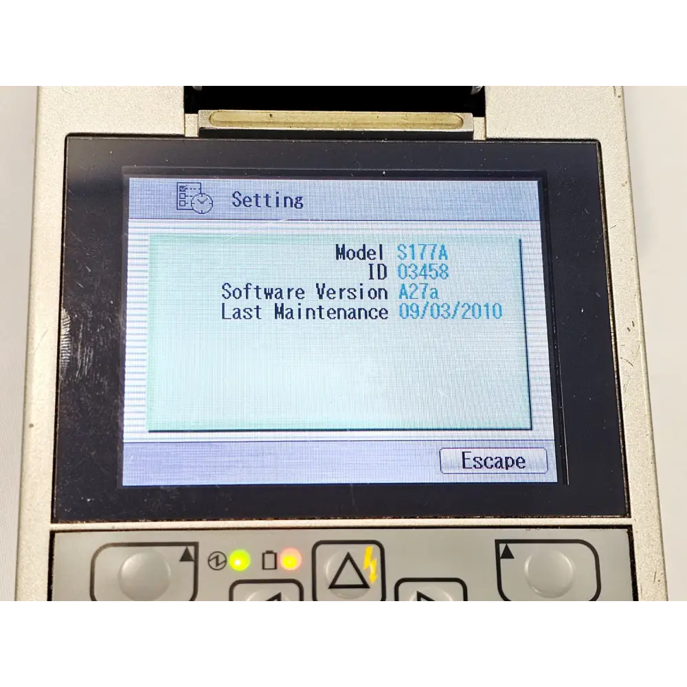 Fitel S177A settings screen displaying model S177A, ID 03458, software version A27a, last maintenance 09/03/2010