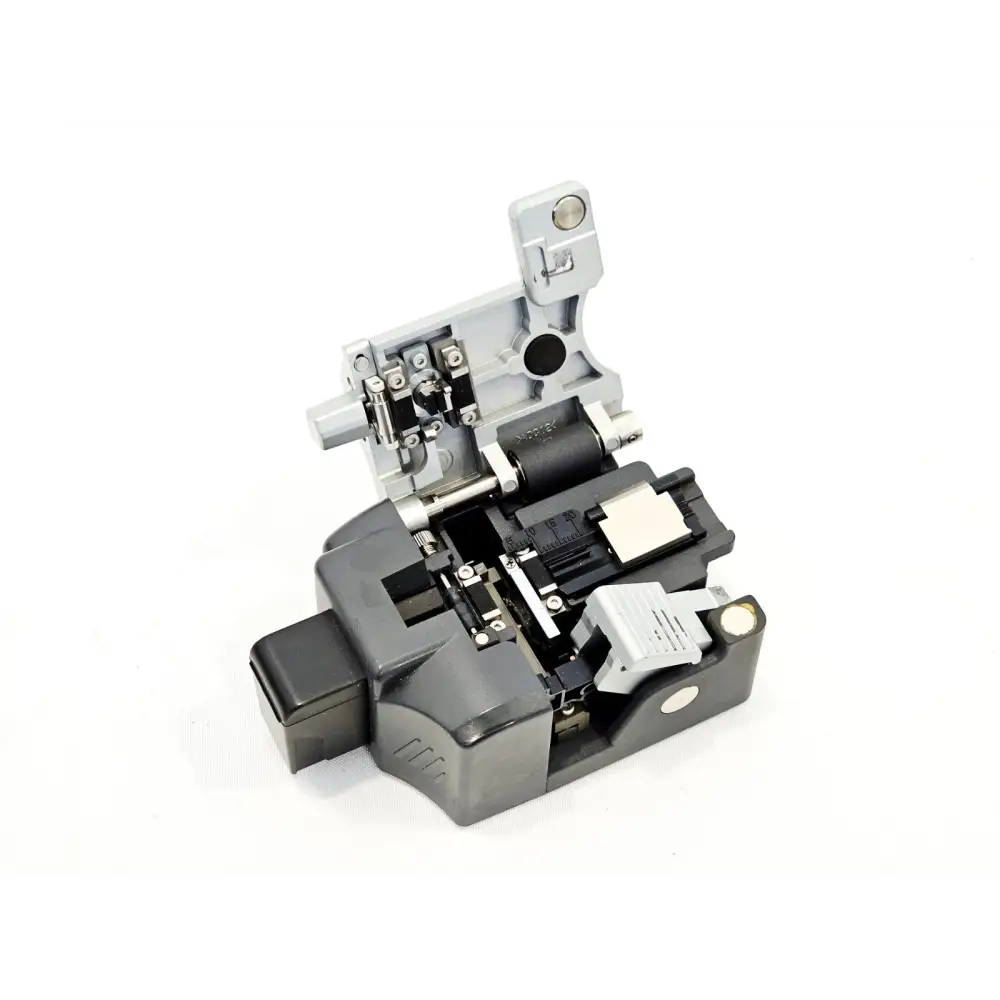 Fitel S325A optical fibre cleaver open view showing blade mechanism, scoring rail and fibre clamp