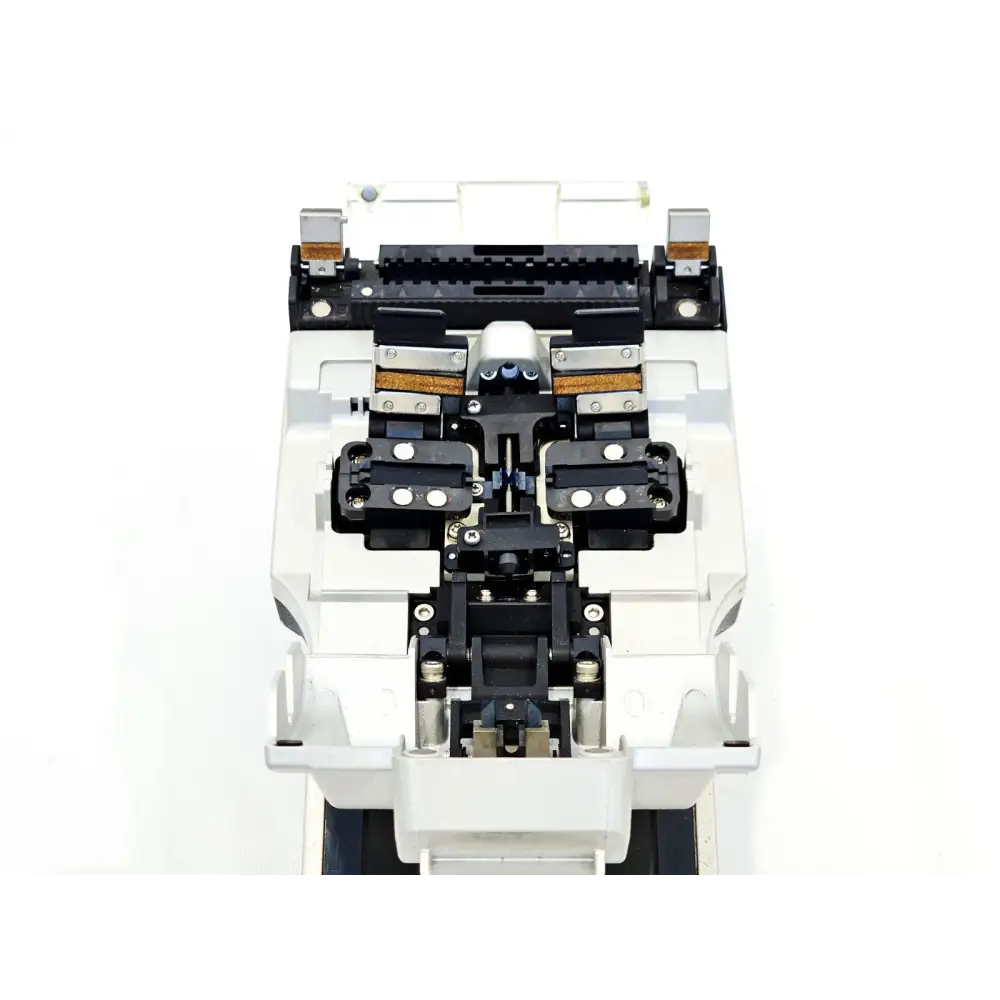Fitel S177A core-alignment fusion splicer top-down view with wind cover open revealing splicing mechanism