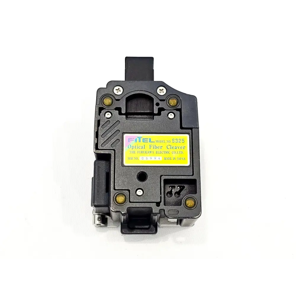 Fitel S325A cleaver underside showing model label, serial number 05994, and RoHS Compliant sticker