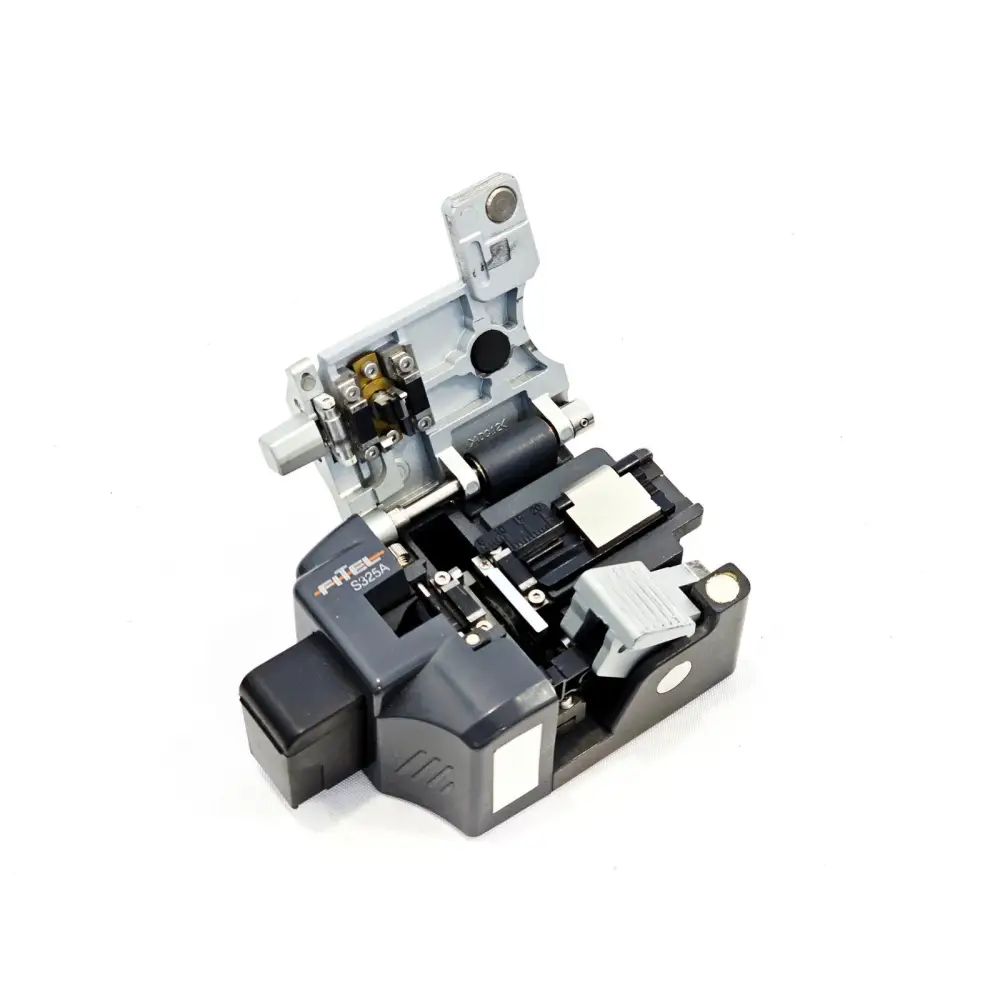 Fitel S325A optical fibre cleaver open view showing blade mechanism, fibre clamp, and collector tray