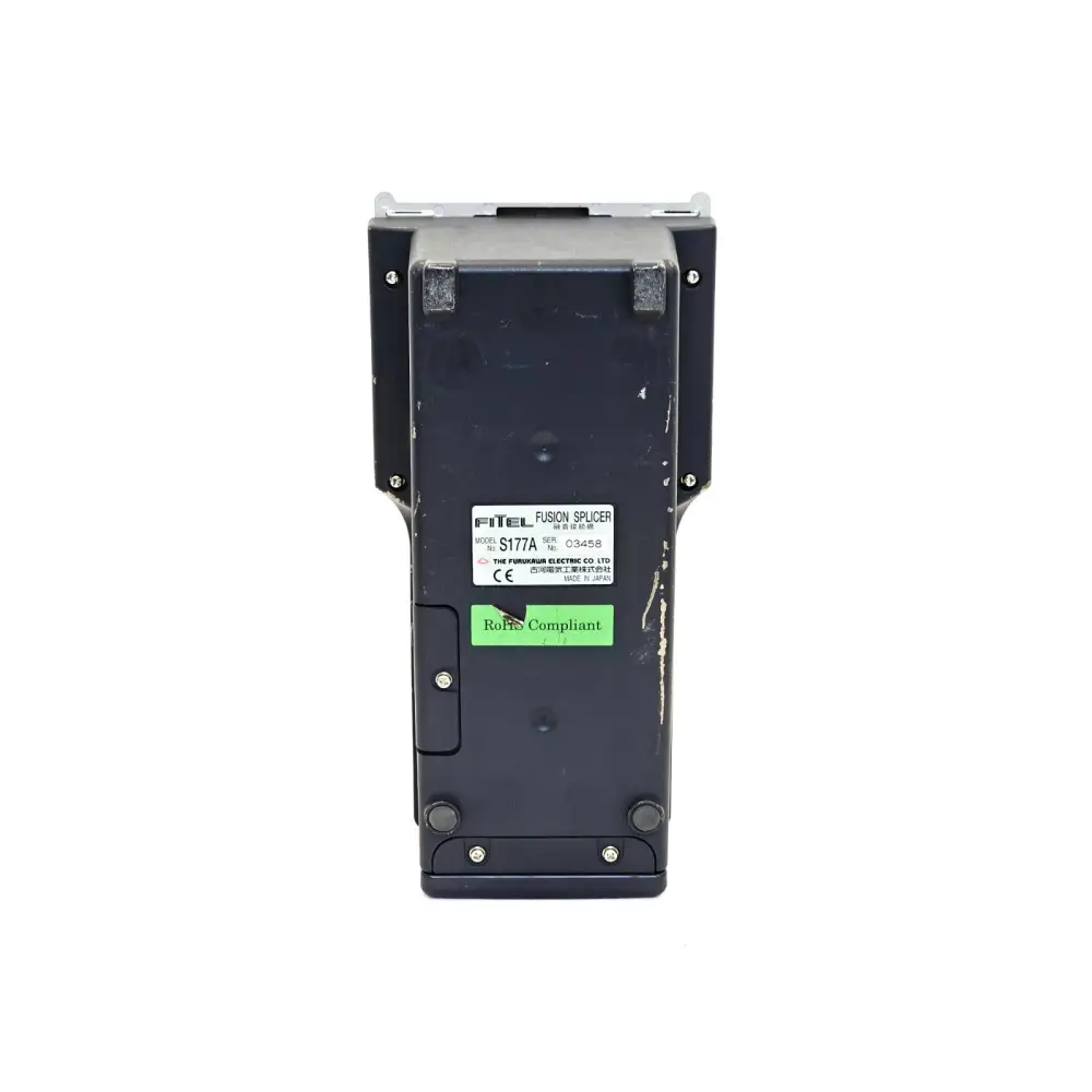 Fitel S177A fusion splicer base label showing model S177A, serial number 03458, CE and RoHS markings