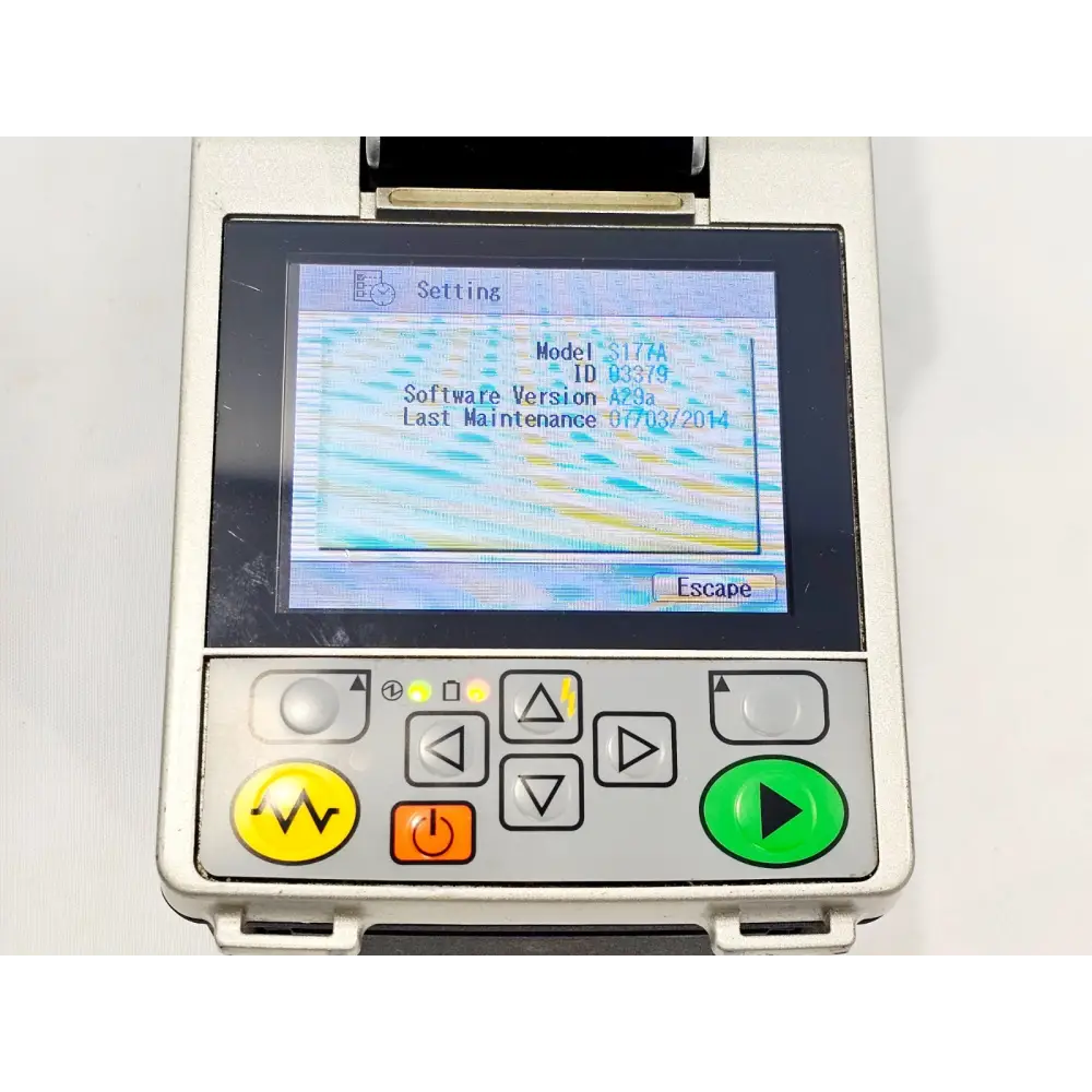 Fitel S177A LCD screen showing model S177A, ID 03379, Software Version A29a, Last Maintenance 07/03/2014