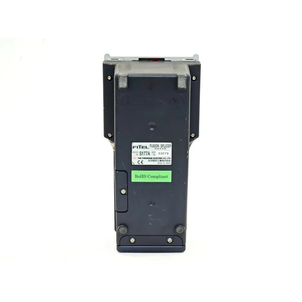 Fitel S177A fusion splicer base label showing model S177A, serial number 03279, CE and RoHS marks