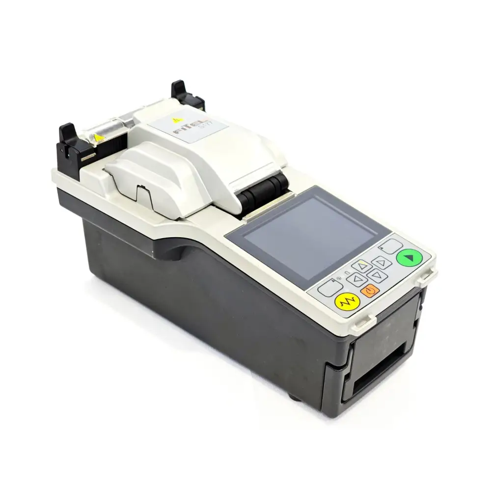 Fitel Furukawa S177A fusion splicer showing electrode and fibre V-groove alignment chamber