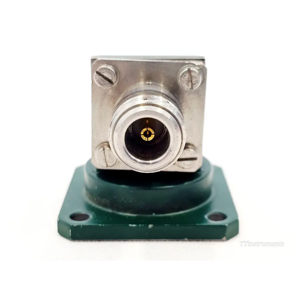 Flann Microwave 16093-NF10 front view showing Type N female coaxial connector with gold centre pin and UBR100 flange