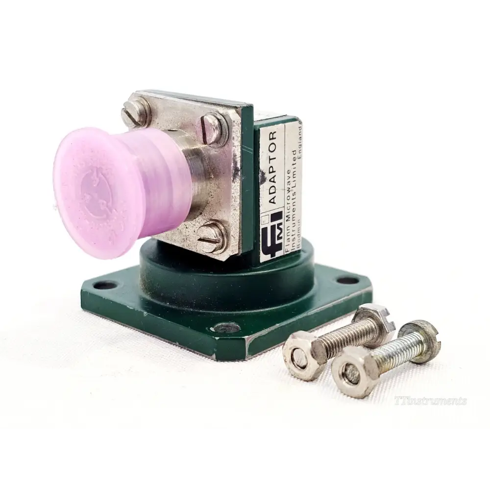 Flann Microwave 16093-NF10 WG16 waveguide to N-type adaptor, angled view with protective cap and mounting bolts