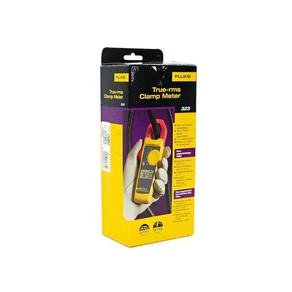 Fluke 323 clamp meter with test leads and accessories included in open box