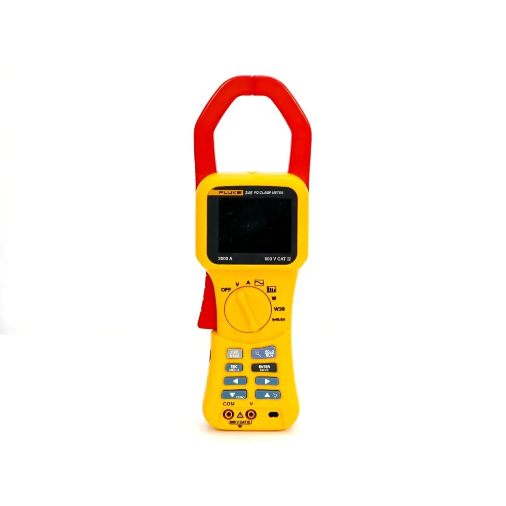 Fluke 345 clamp meter angled view displaying harmonic spectrum on colour screen