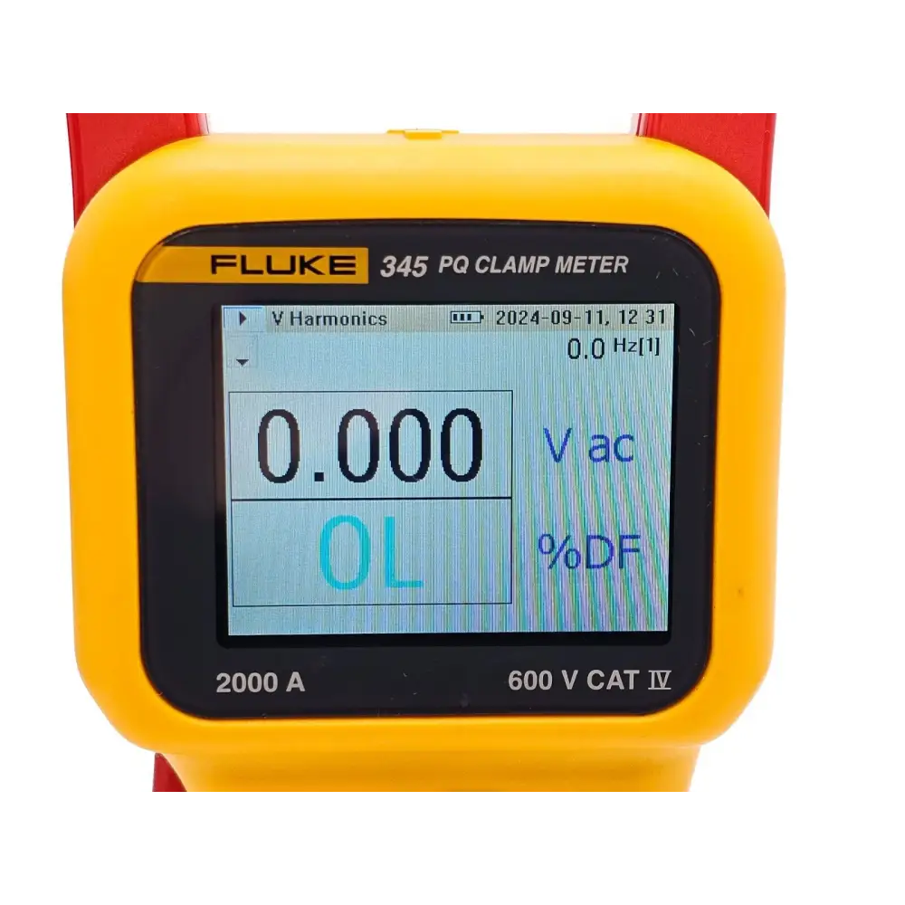Fluke 345 carry case open showing meter and test leads stored inside
