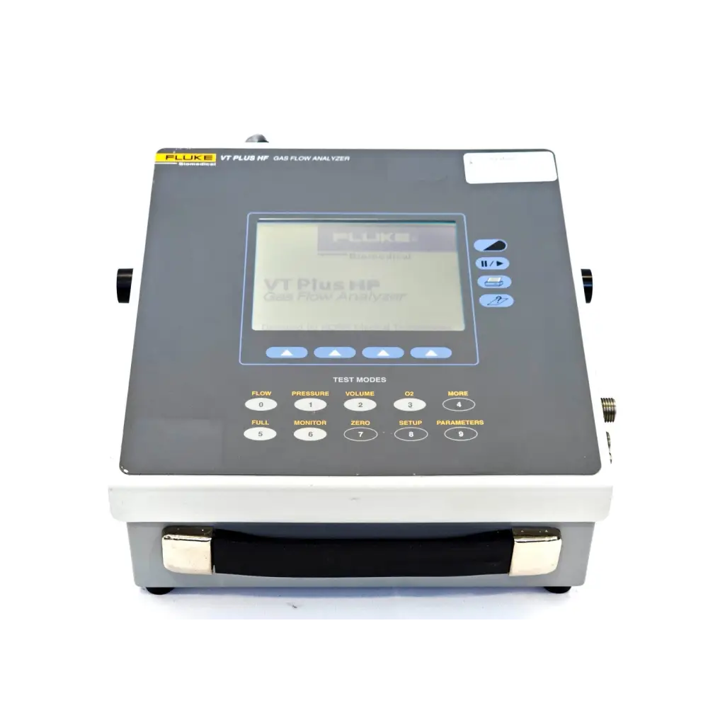 Fluke Biomedical VT Plus HF Gas Flow Analyzer — front panel showing VT Plus HF boot screen with Flow, Pressure, Volume, O2 keys
