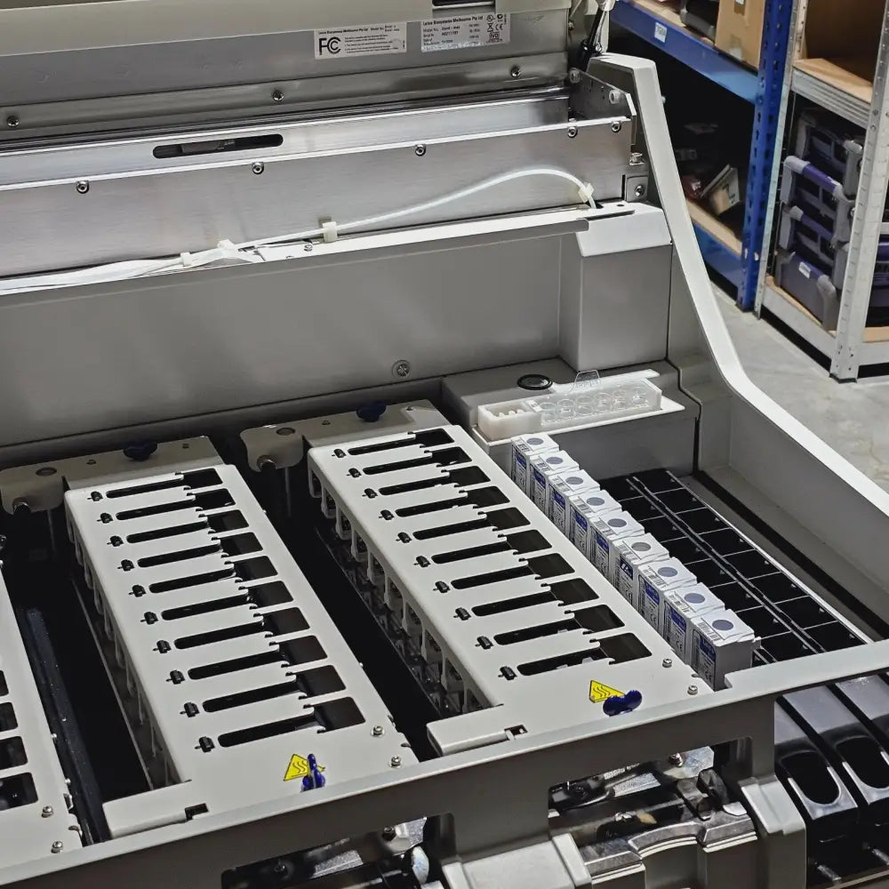 Leica Bond-Max top view showing slide deck and reagent tray area without cover
