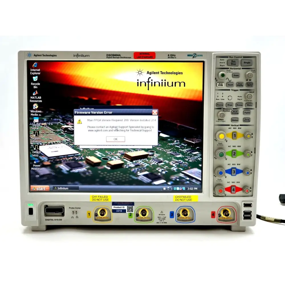 Keysight DSO9404A fault sticker on unit indicating channel 1 issue