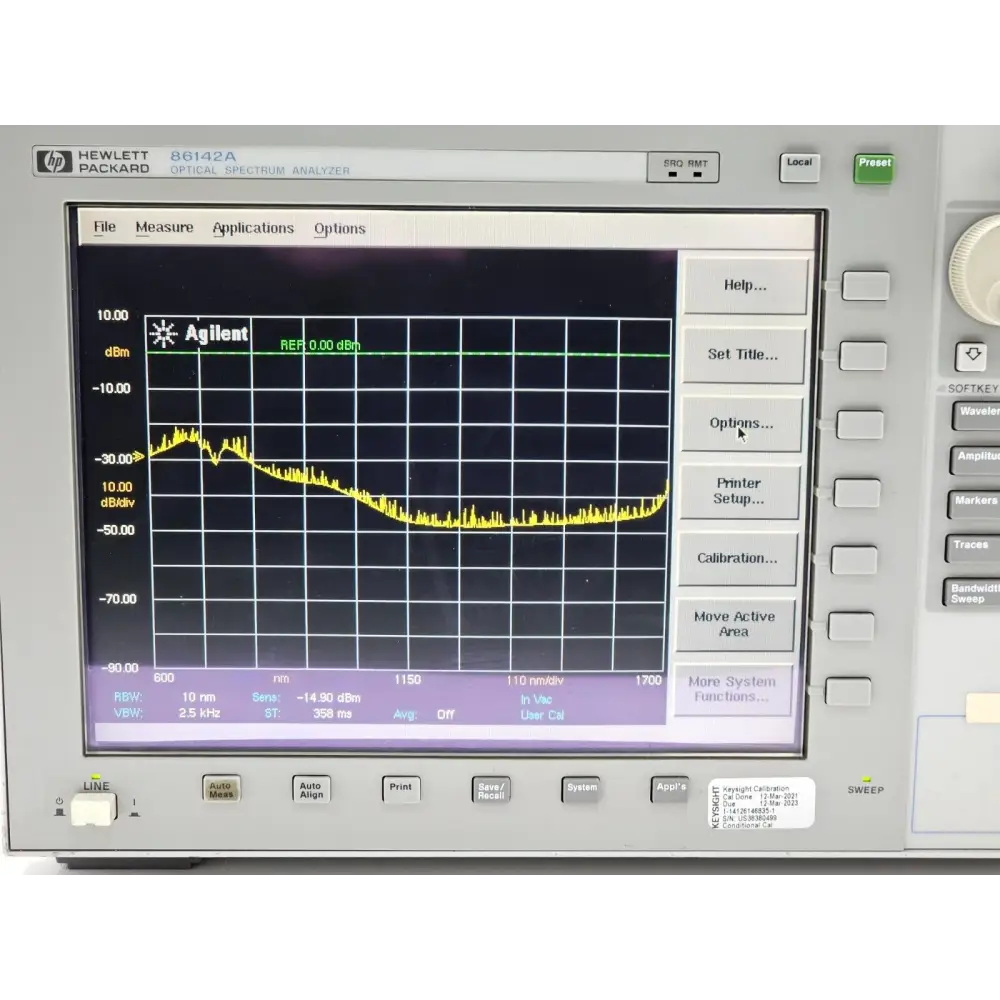Keysight Agilent 86142A Option 005 label and option identification detail