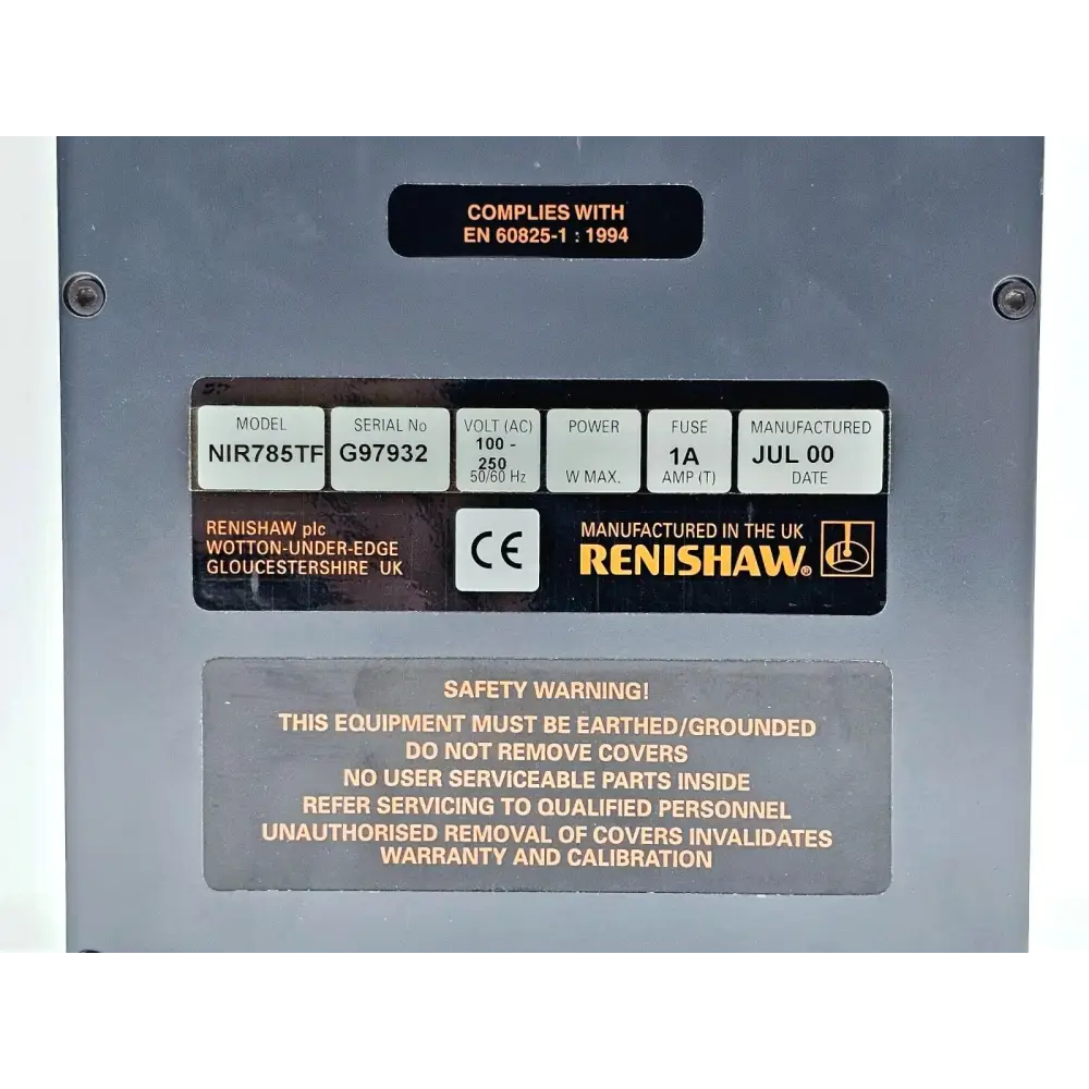 Renishaw NIR785TF laser module bottom view showing serial number label