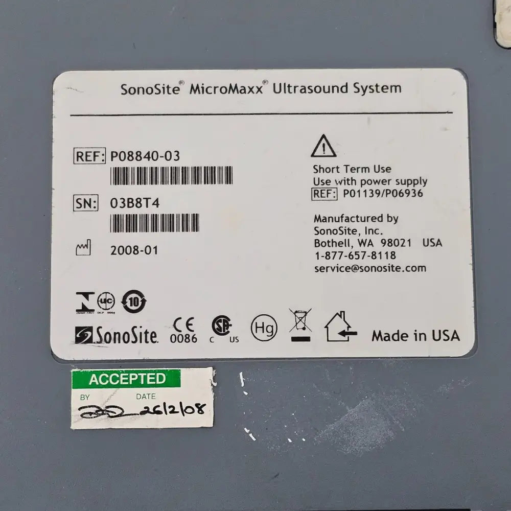 SonoSite MicroMaxx product label showing model number P08840-03 and manufacture date 2008