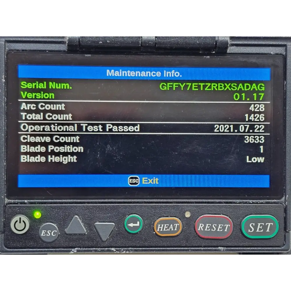 Fujikura 12S splicer LCD screen displaying splice result and loss estimation