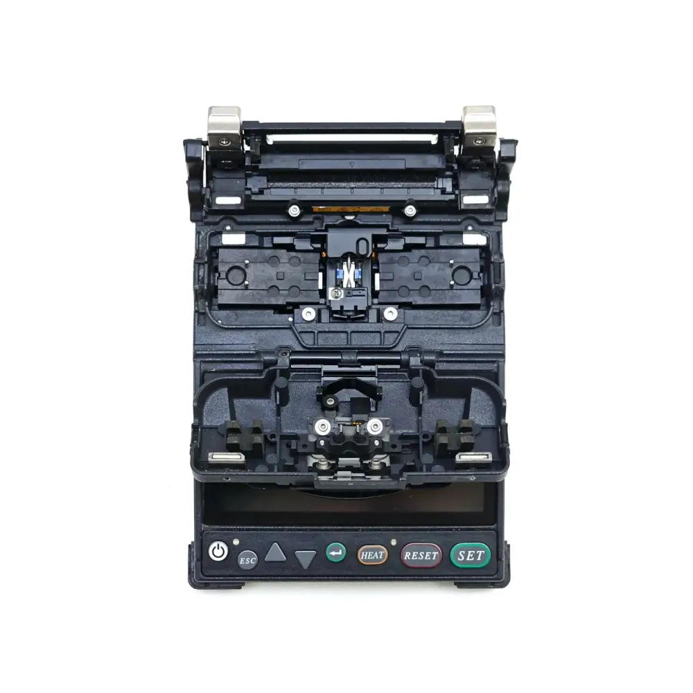 Fujikura 12S splicer displayed inside open transit carry case with work tray