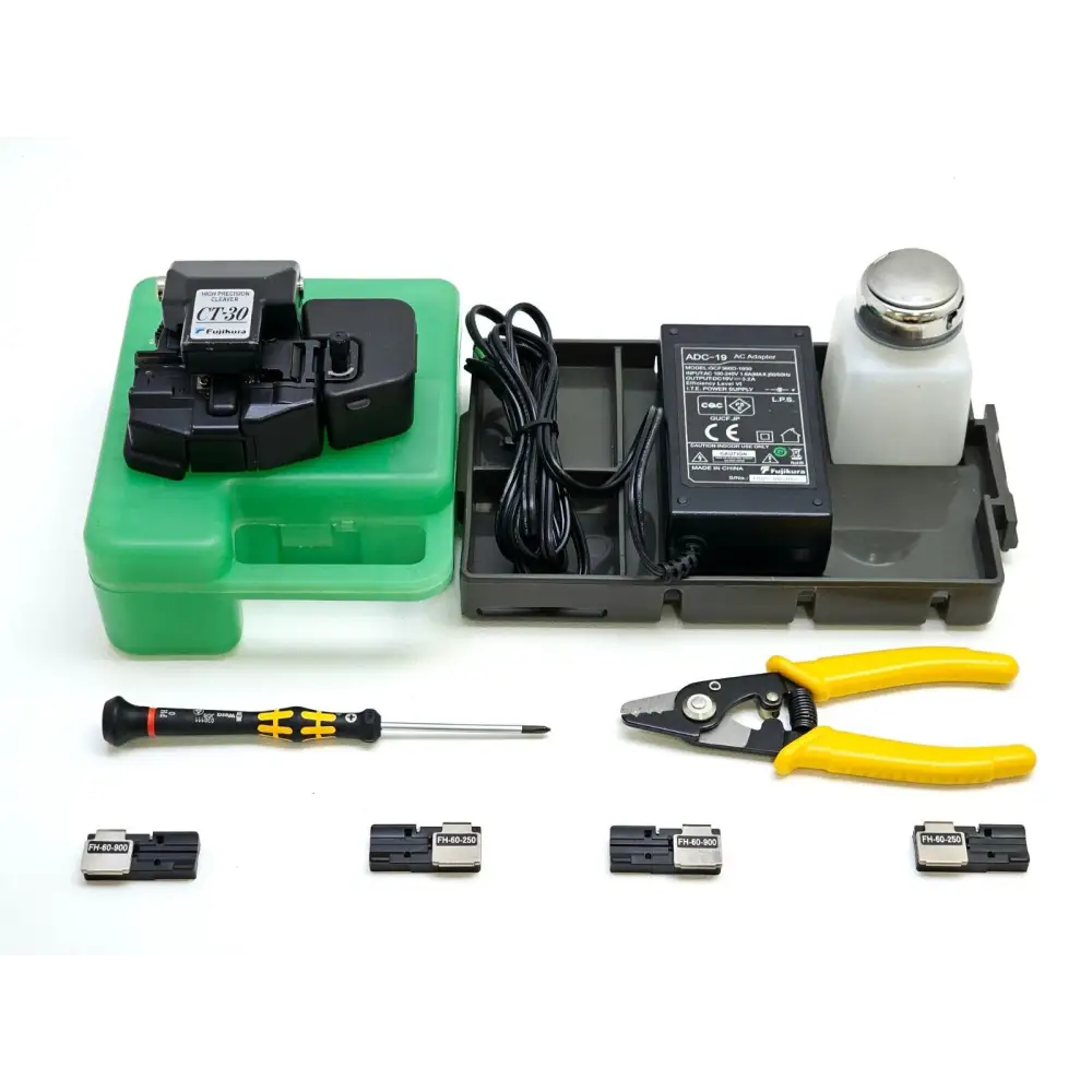 Fujikura 12S fusion splicer showing V-groove fibre loading area and electrode assembly