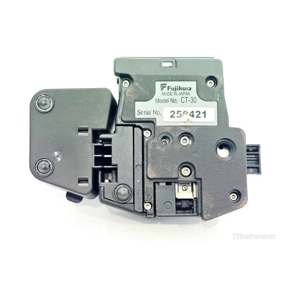 Fujikura CT-30 high precision cleaver underside showing model label, serial number 258421, Made in Japan marking