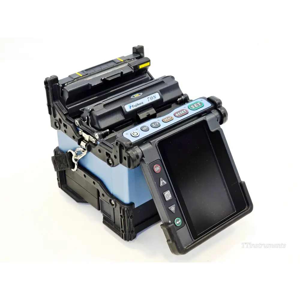 Fujikura FSM-70S fusion splicer front-angle view showing TFT colour LCD screen, control buttons, and splice bay