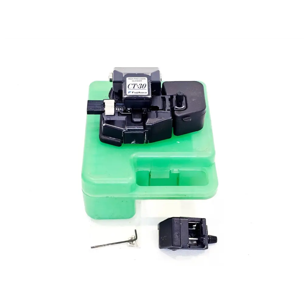 Fujikura CT-30 High Precision Fibre Cleaver with guide plate on green carry case, hex key and spare adapter plate alongside