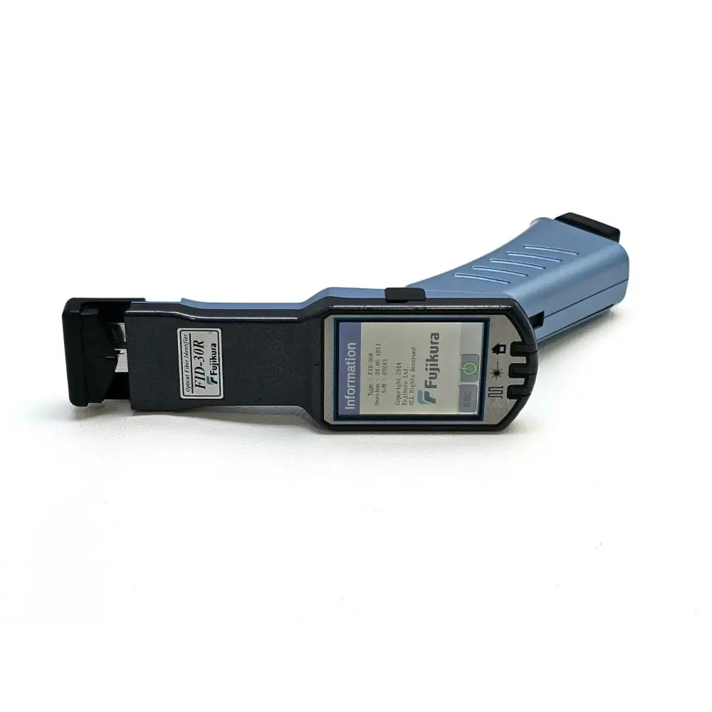 Fujikura FID-30R handheld fiber identifier showing LCD display and controls