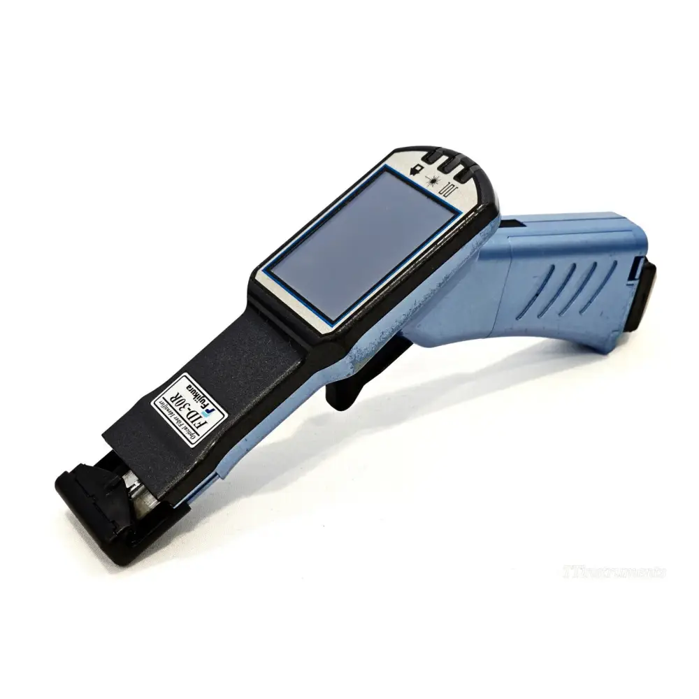 Fujikura FID-30R Optical Fibre Identifier — left side angle view showing LCD screen and fibre clamp head