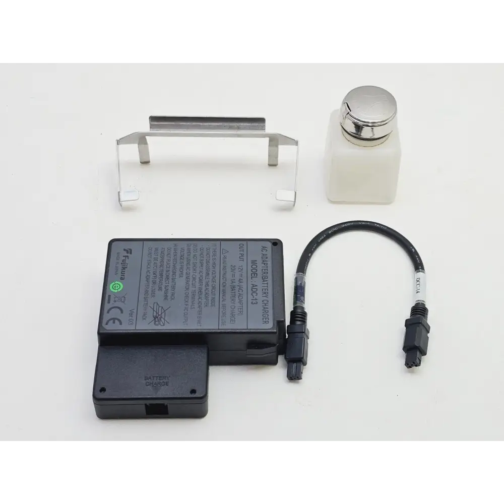 Full kit view of Fujikura FSM-18S splicer, CT-30 cleaver, battery, charger, and case