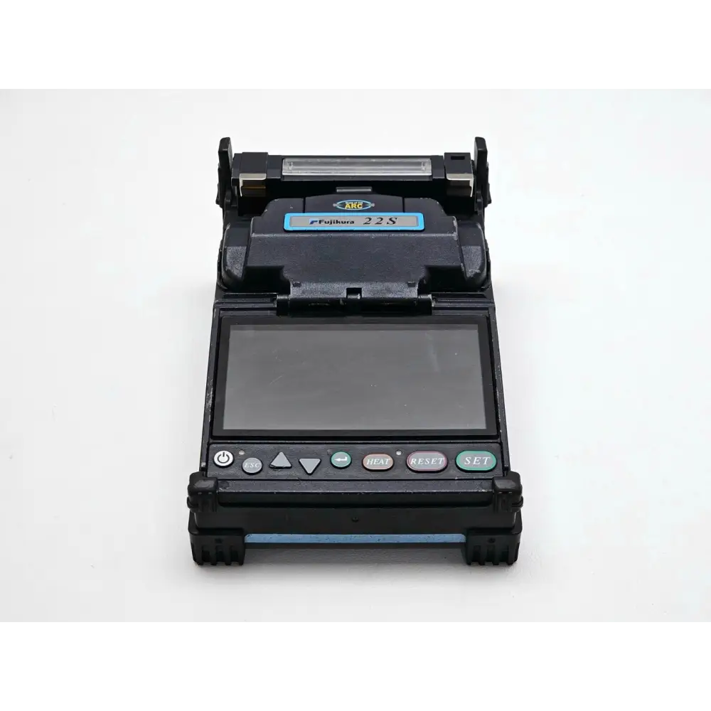 Fujikura FSM-22S fusion splicer top view with fibre clamps and electrodes visible