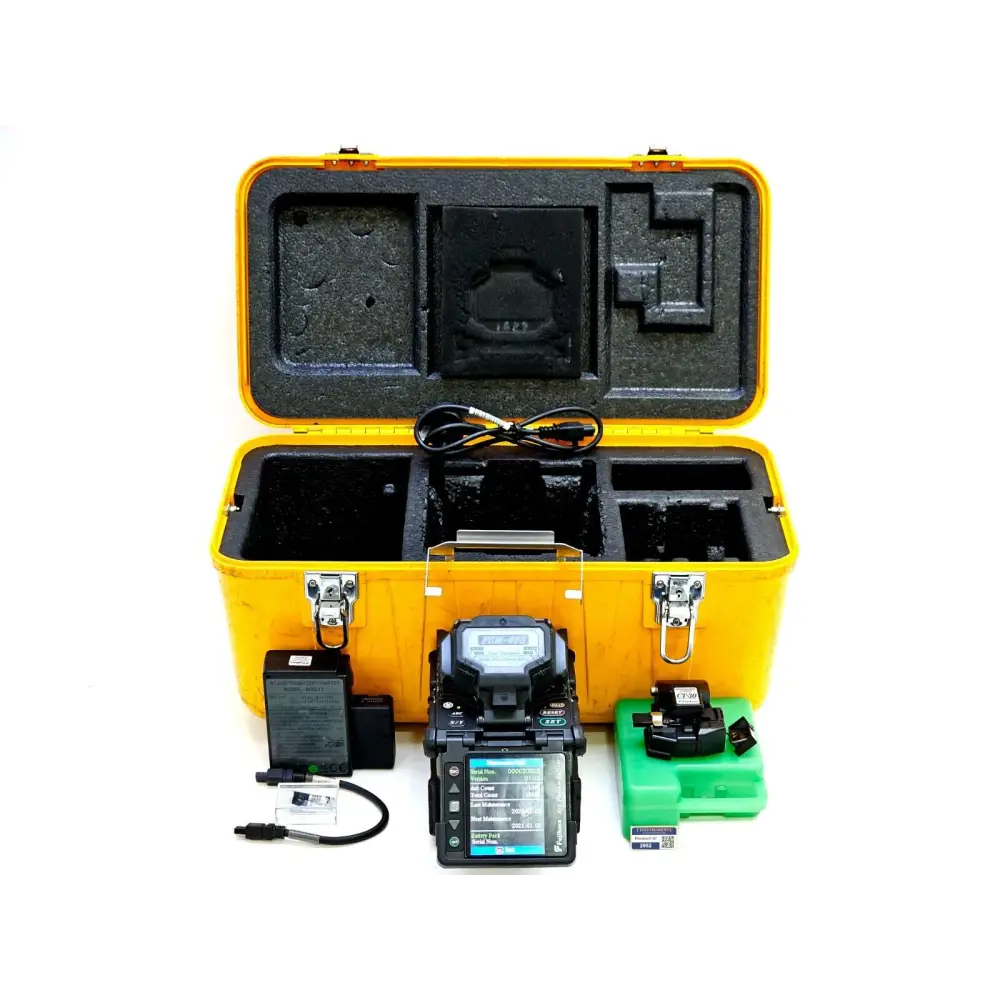 Fujikura FSM-60S fusion splicer front view with CT-30 cleaver and accessories
